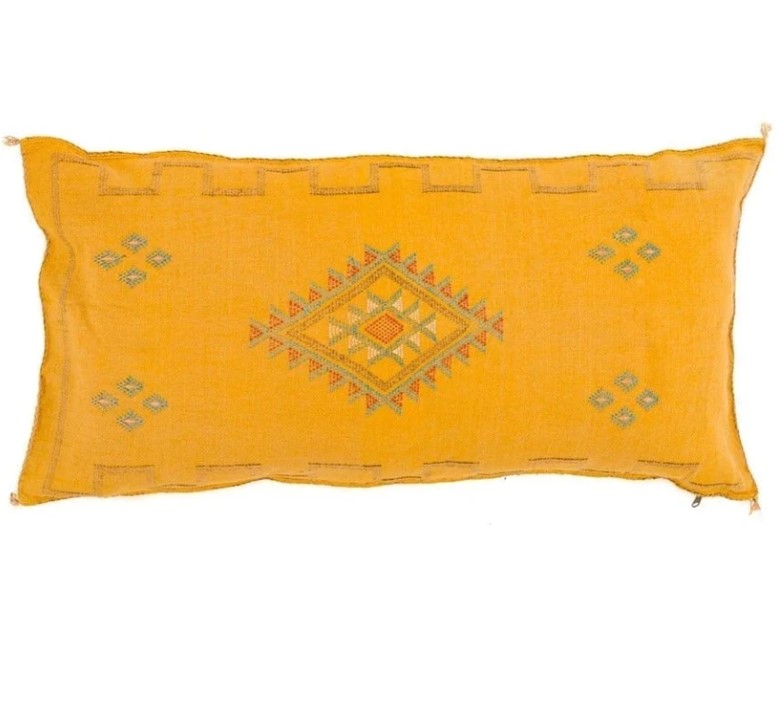 Genuine Moroccan Cactus Silk Lumbar Pillow in Mango Yellow
