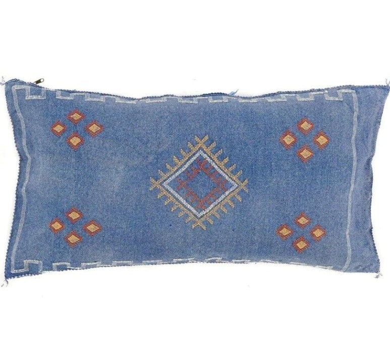 Genuine Moroccan Cactus Silk Lumbar Pillow in Denim
