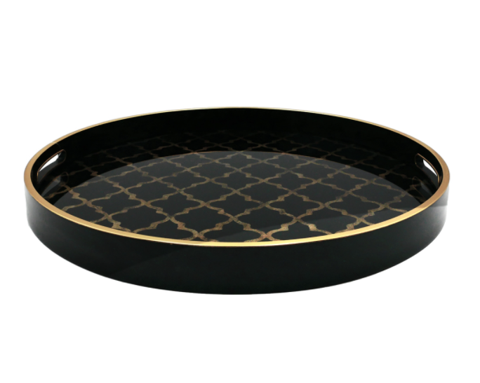 Quatrefoil Round Tray in Black and Gold