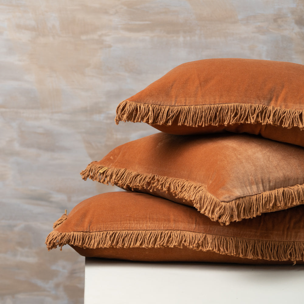 Luxe Lumbar Cushion with Fringe in Velvet Sienna