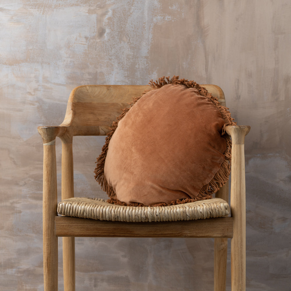 Luxe Round Cushion with Fringe in Velvet Sienna