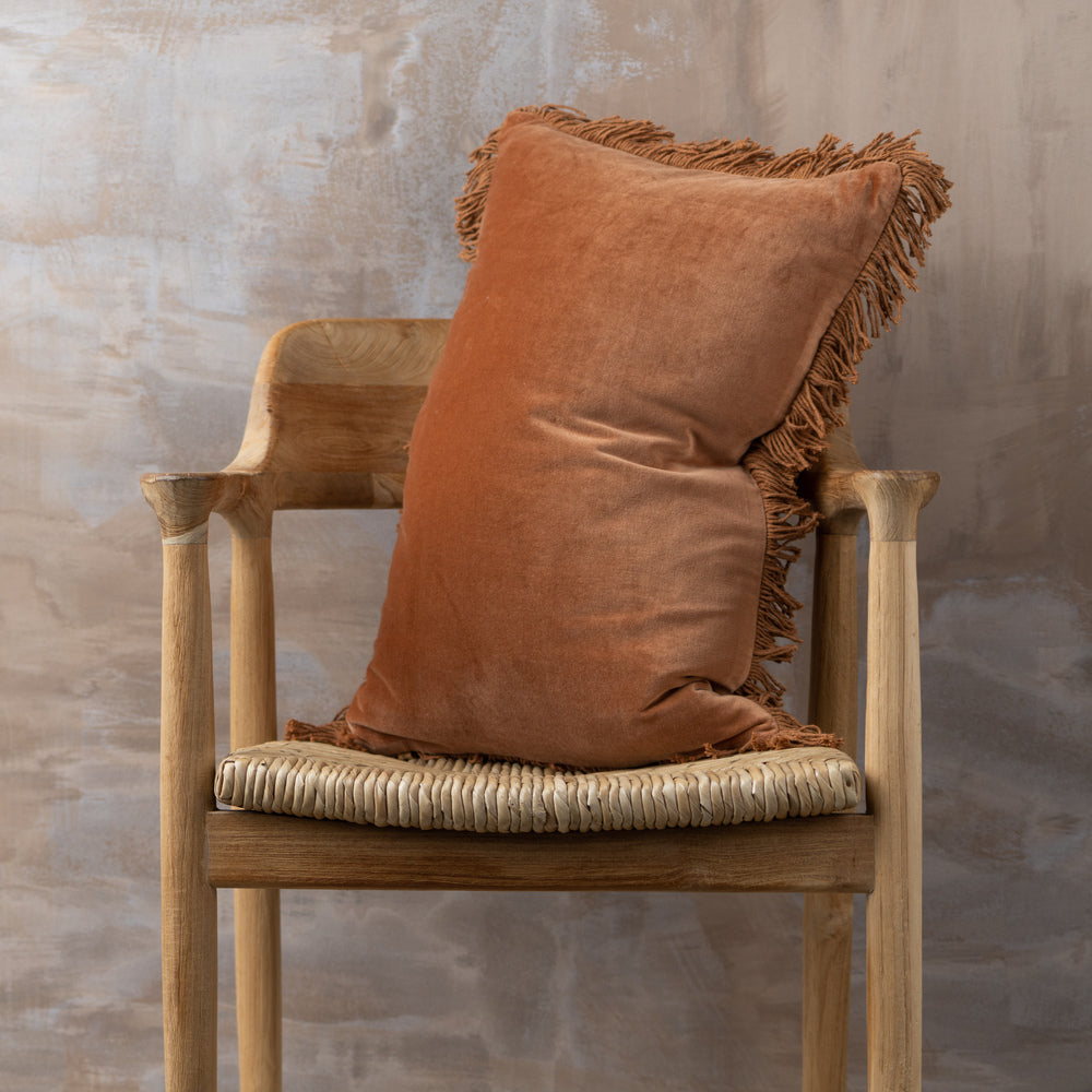 Luxe Lumbar Cushion with Fringe in Velvet Sienna