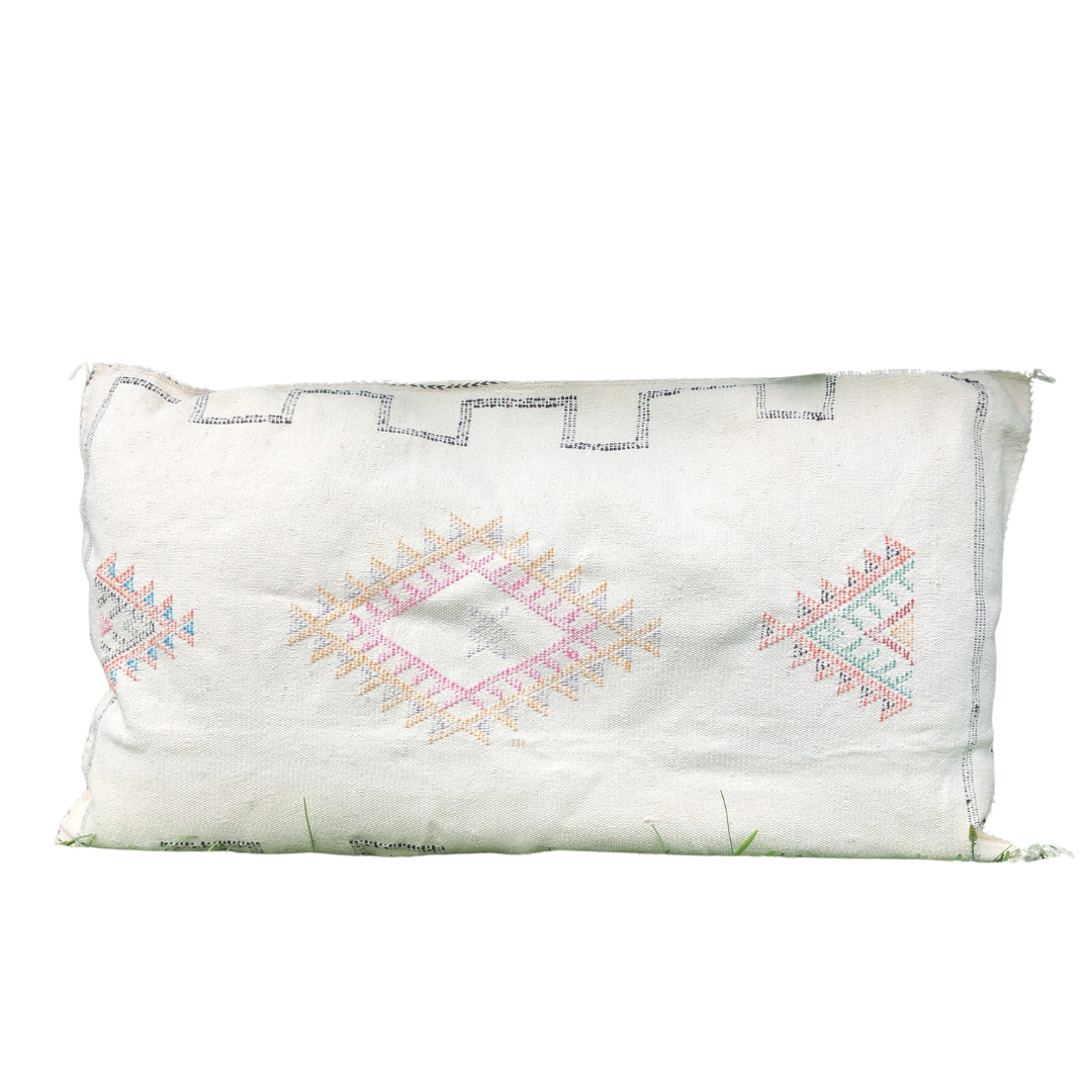 Genuine Moroccan Cactus Silk Large Lumbar Pillow in White