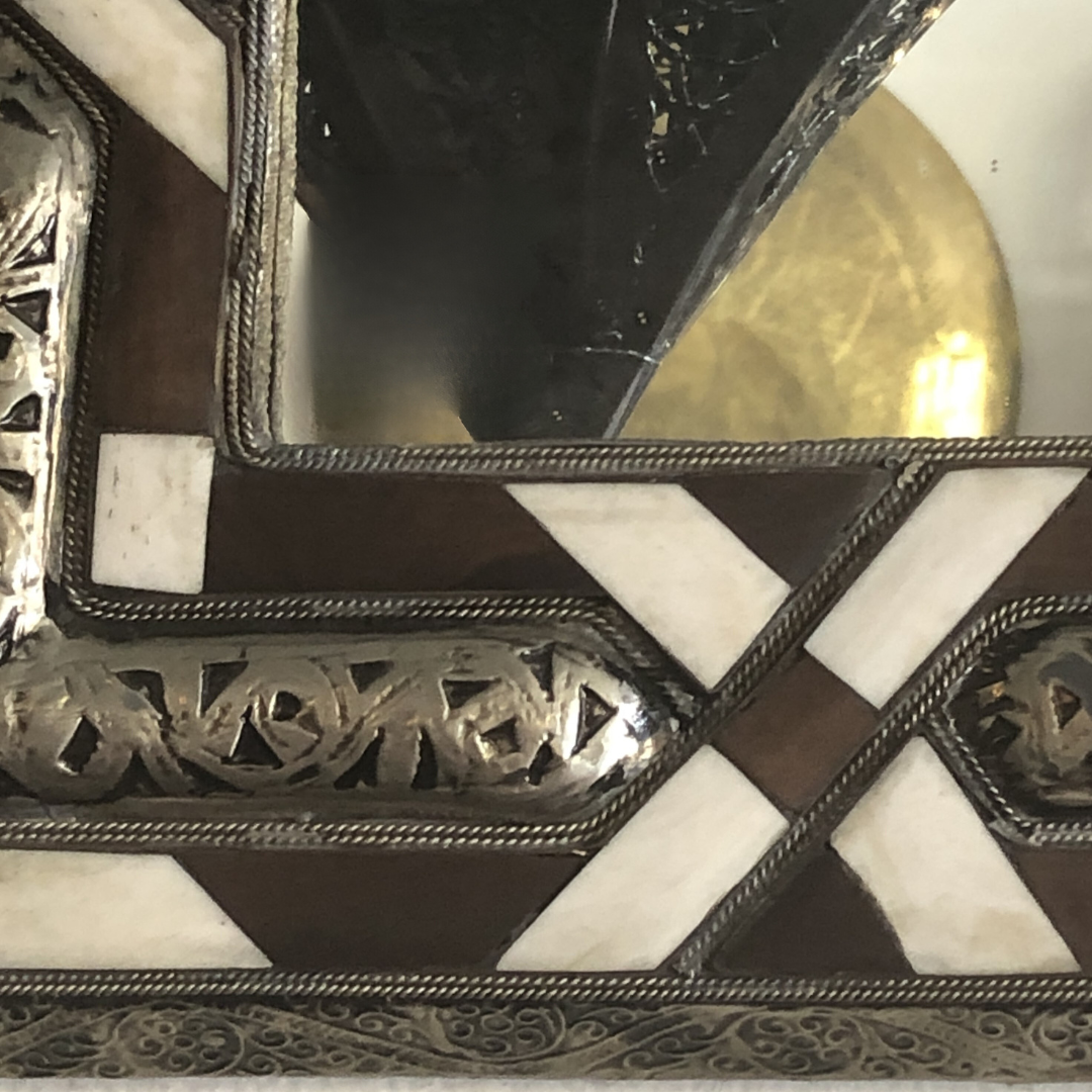 Traditional Moroccan Mirror with Orange Wood & Bone Inlay & Metalwork