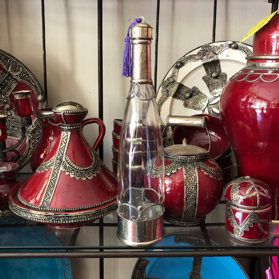 Moroccan Glass Bottle with Silver Embellishment