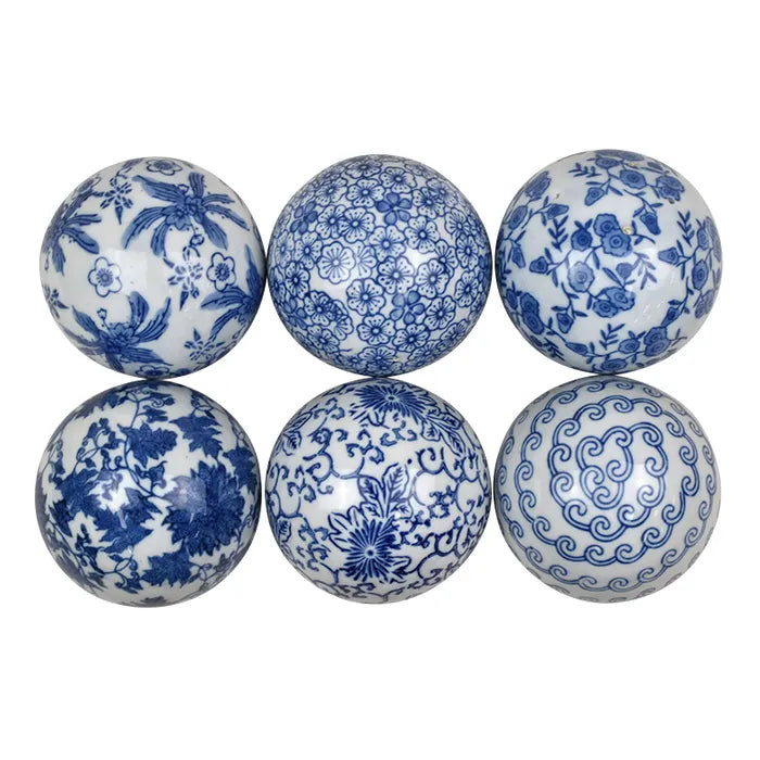 Blue & White Ceramic Decorator Balls - Set of 6