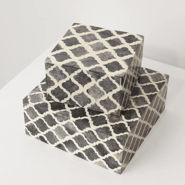 Bone Inlay Box in Charcoal Raj Quatrefoil