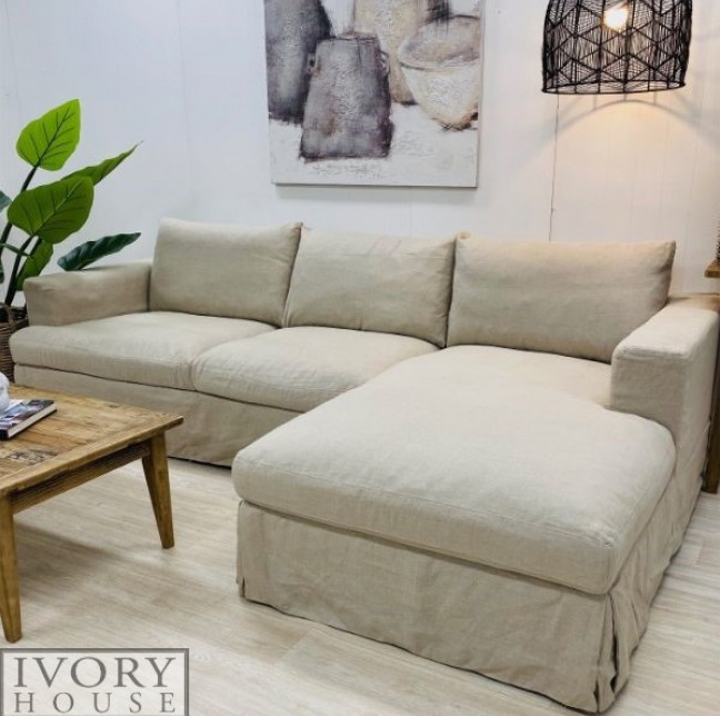 Newport Chaise Sofa in Beige Linen