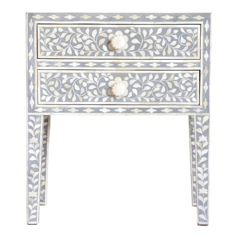 Bone Inlay Bedside Table with 2 Drawers in Grey - Last One