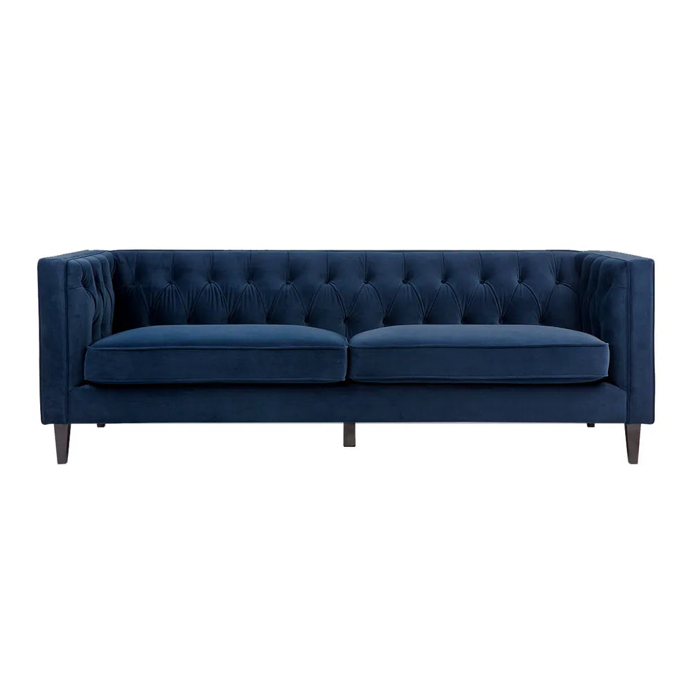 Tuxedo Button Tufted 3 Seater Sofa in Navy Velvet