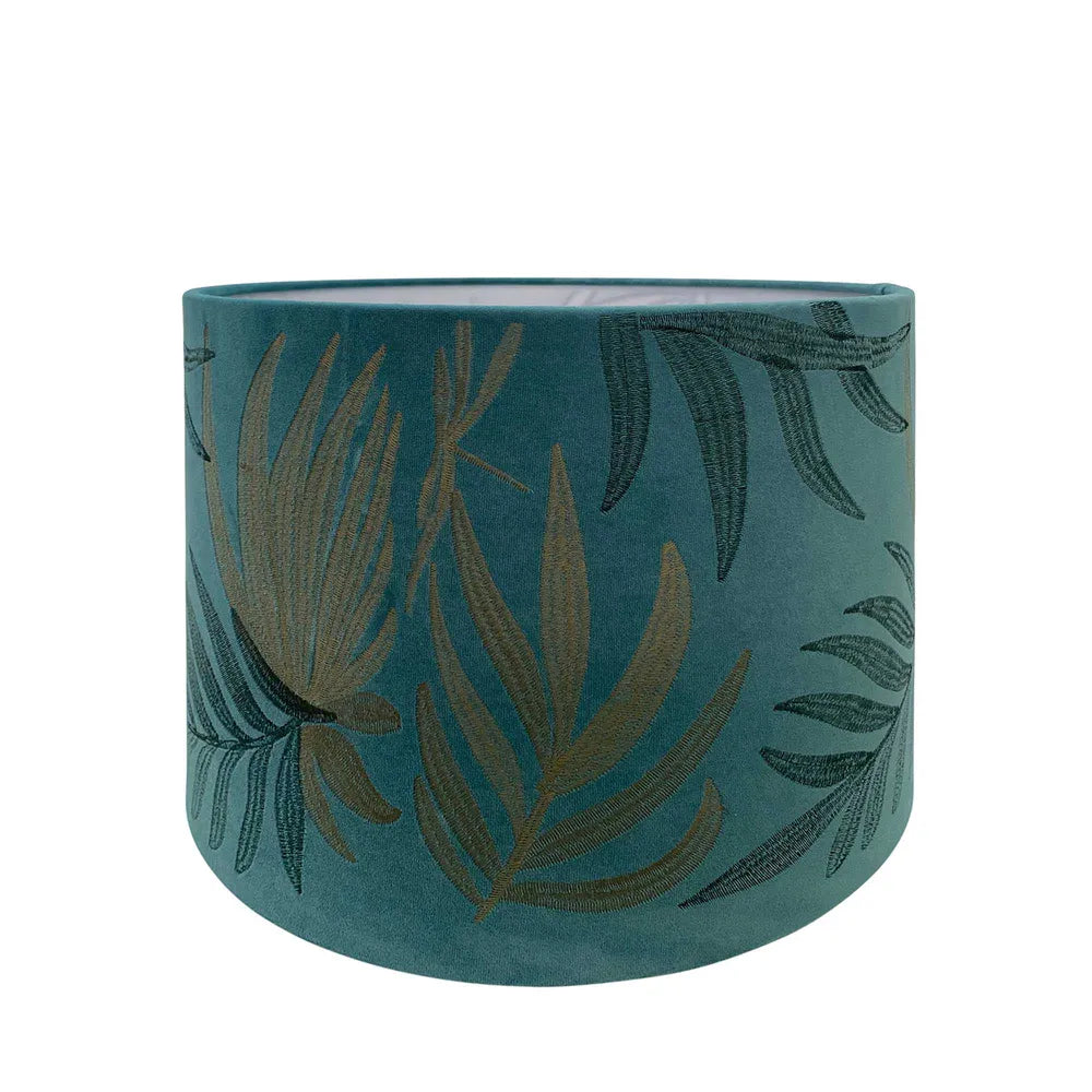 Velvet Lamp Shade in Teal with Leaf Embroidery