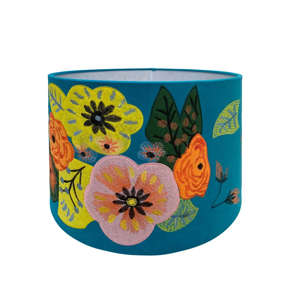 Velvet Lamp Shade in Teal with Floral Embroidery