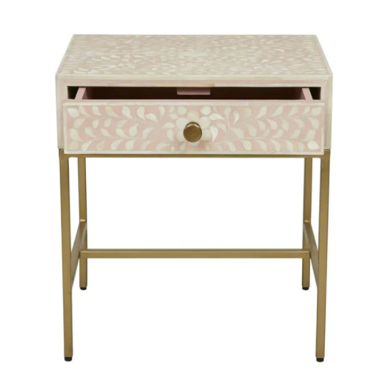 Bone Inlay Lorelle Bedside Table with Brass Legs in Blush
