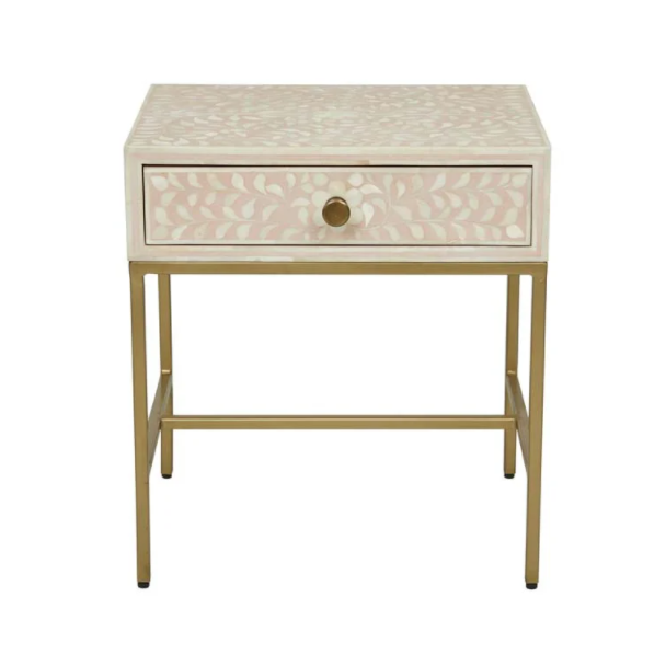 Bone Inlay Lorelle Bedside Table with Brass Legs in Blush