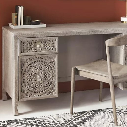 Hand Carved Timber Cut-Out Desk in Natural