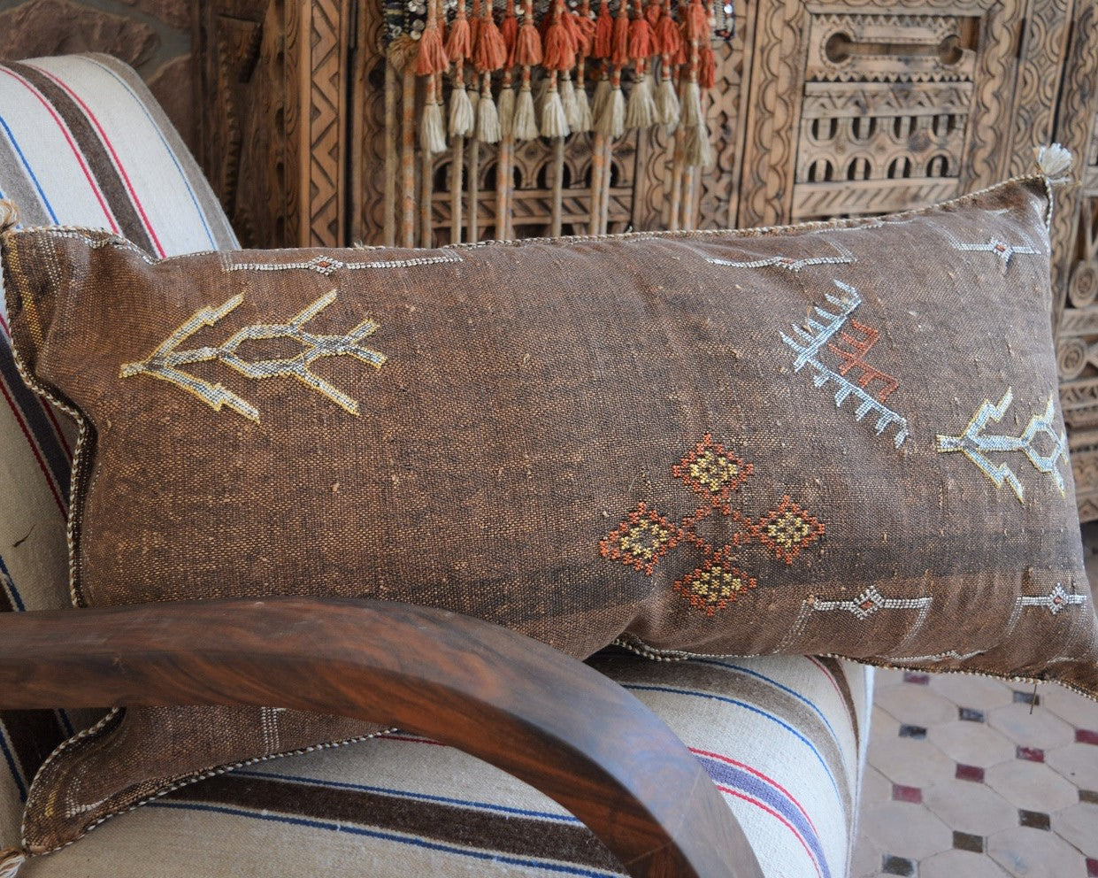 Genuine Moroccan Cactus Silk Lumbar Pillow in Earth
