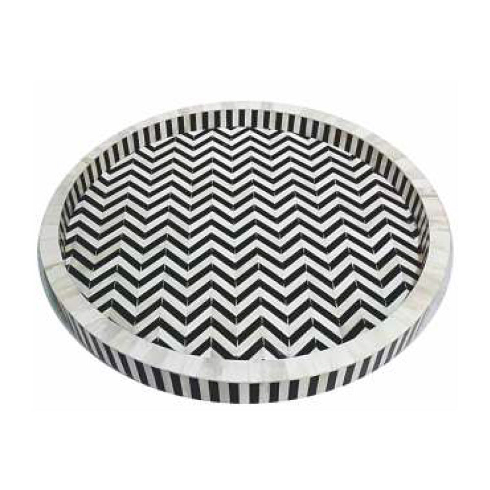 Bone Inlay Round Tray in Chevron Black