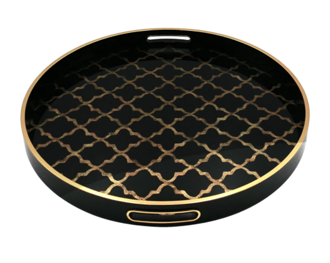 Quatrefoil Round Tray in Black and Gold