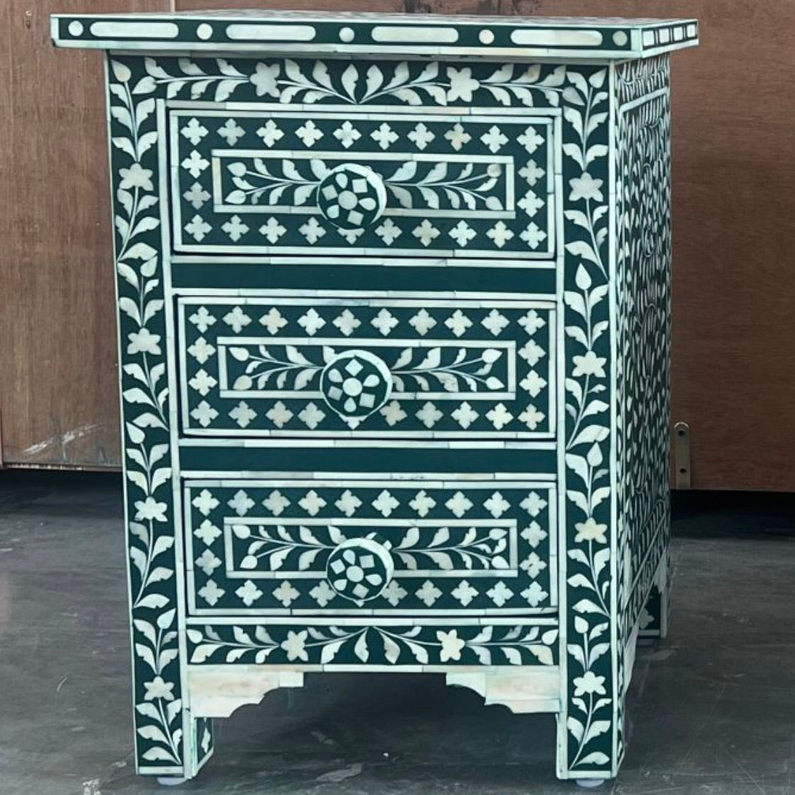 Bone Inlay 3 Drawer Bedside Chest in White