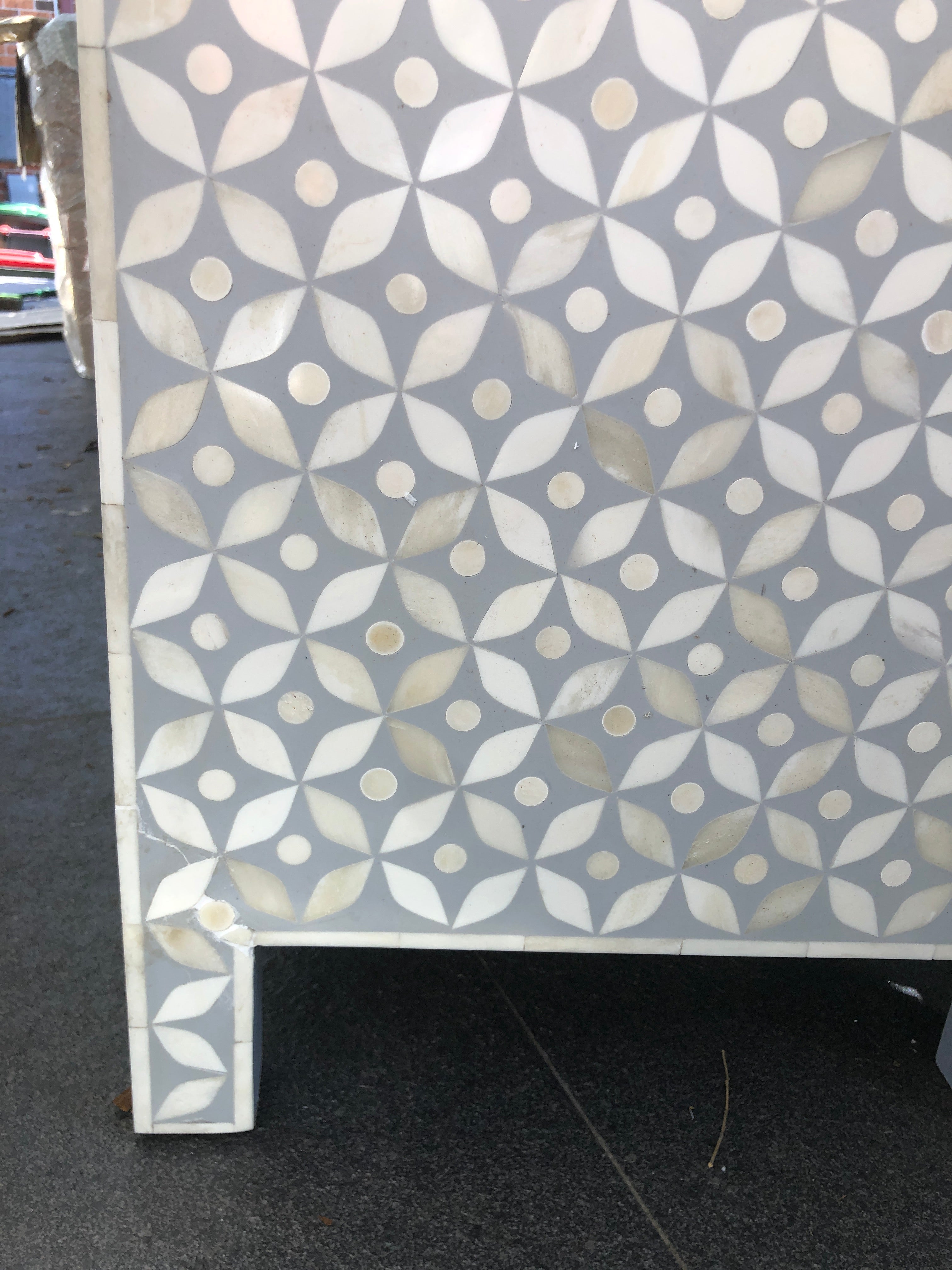 Bone Inlay Wide 3 Drawer Bedside Chest in Celtic Grey - Warehouse Sale