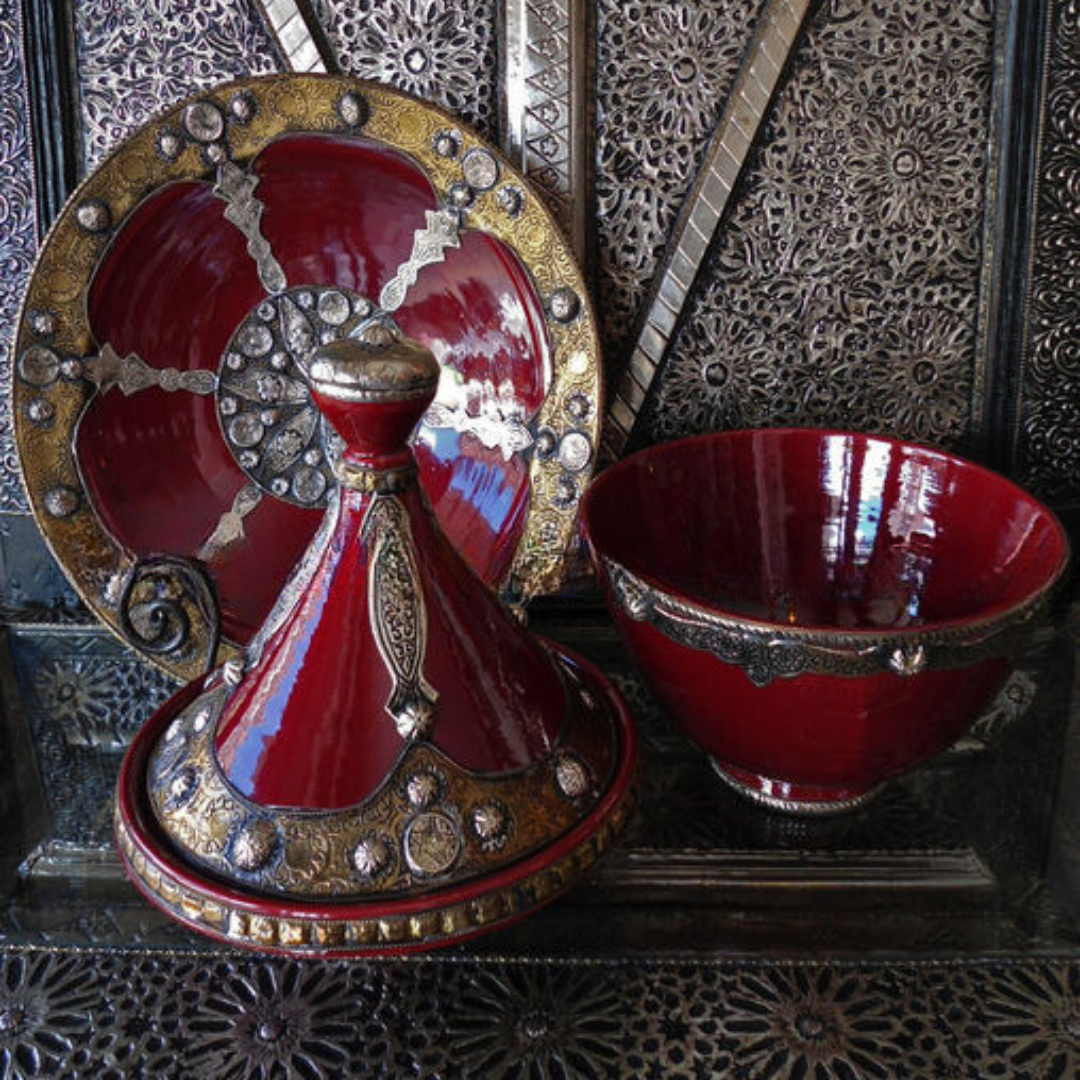 Decorative Safi Plate with Silver Nickel Embellishments in Carnelian