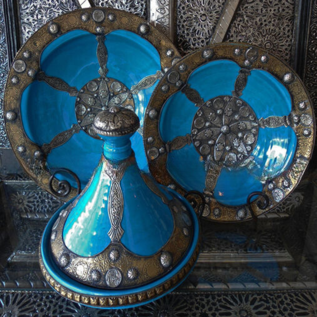 Decorative Tagine with Silver Nickel Embellishments in Turquoise Blue