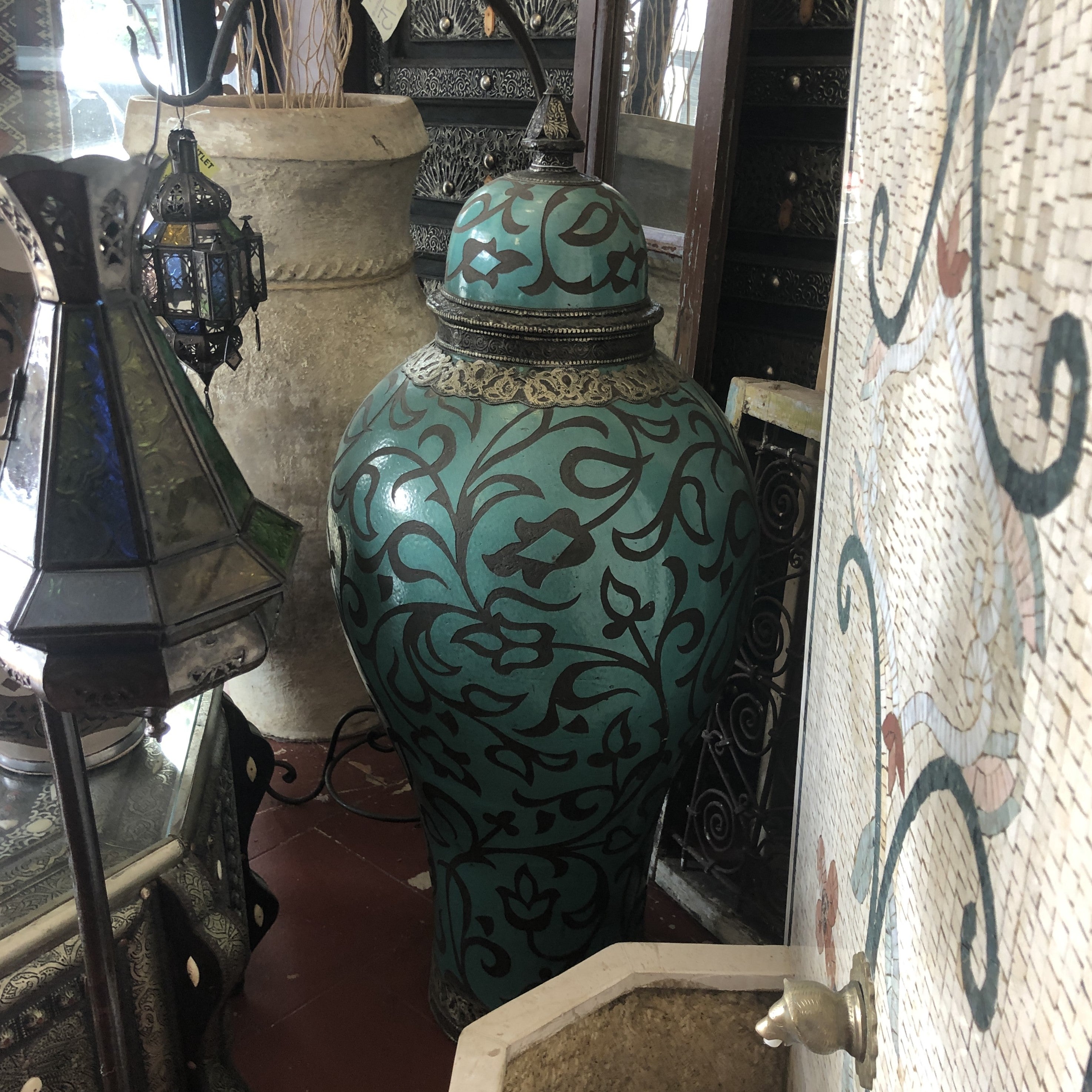 Handcarved Moroccan Tall Urn in Turquoise