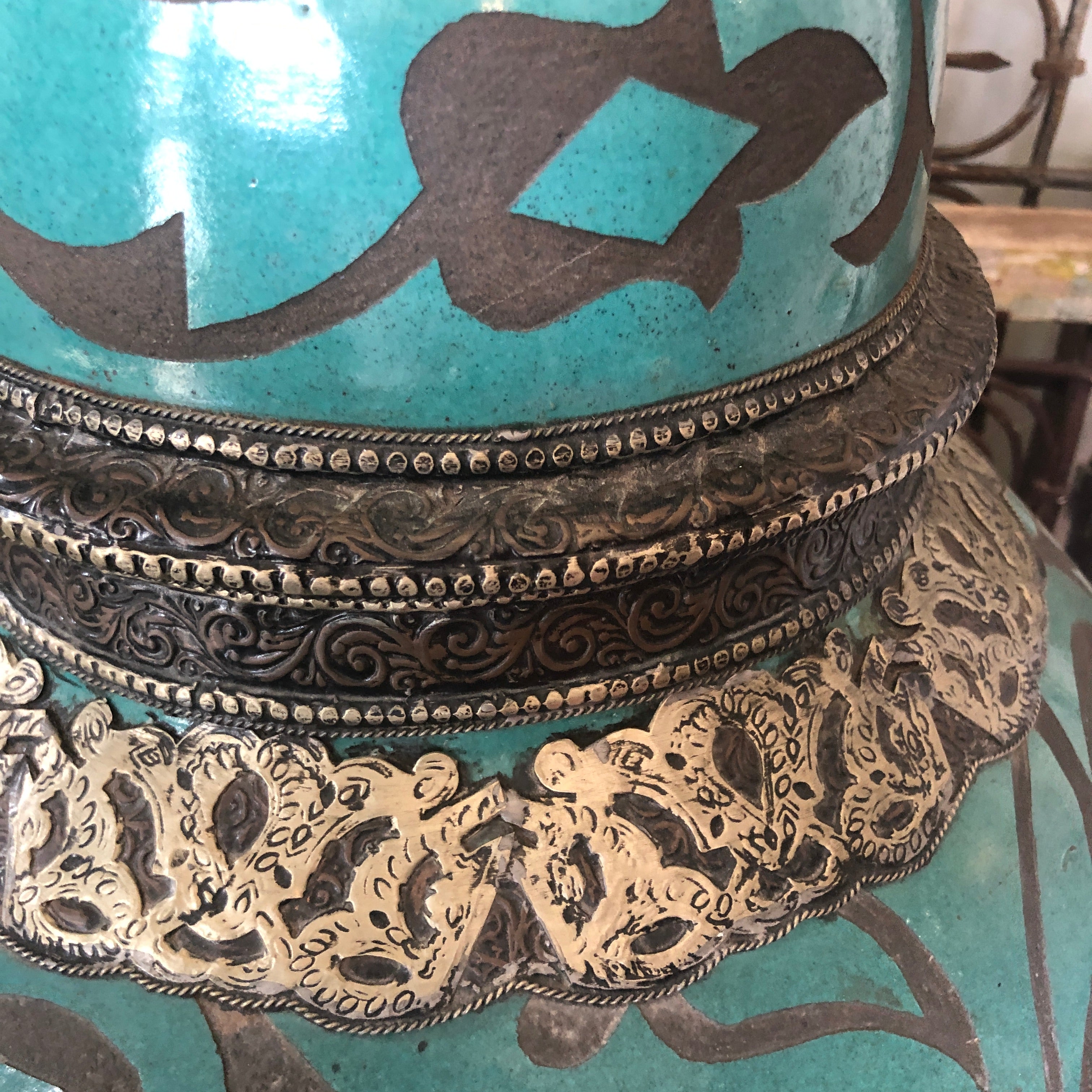 Handcarved Moroccan Tall Urn in Turquoise