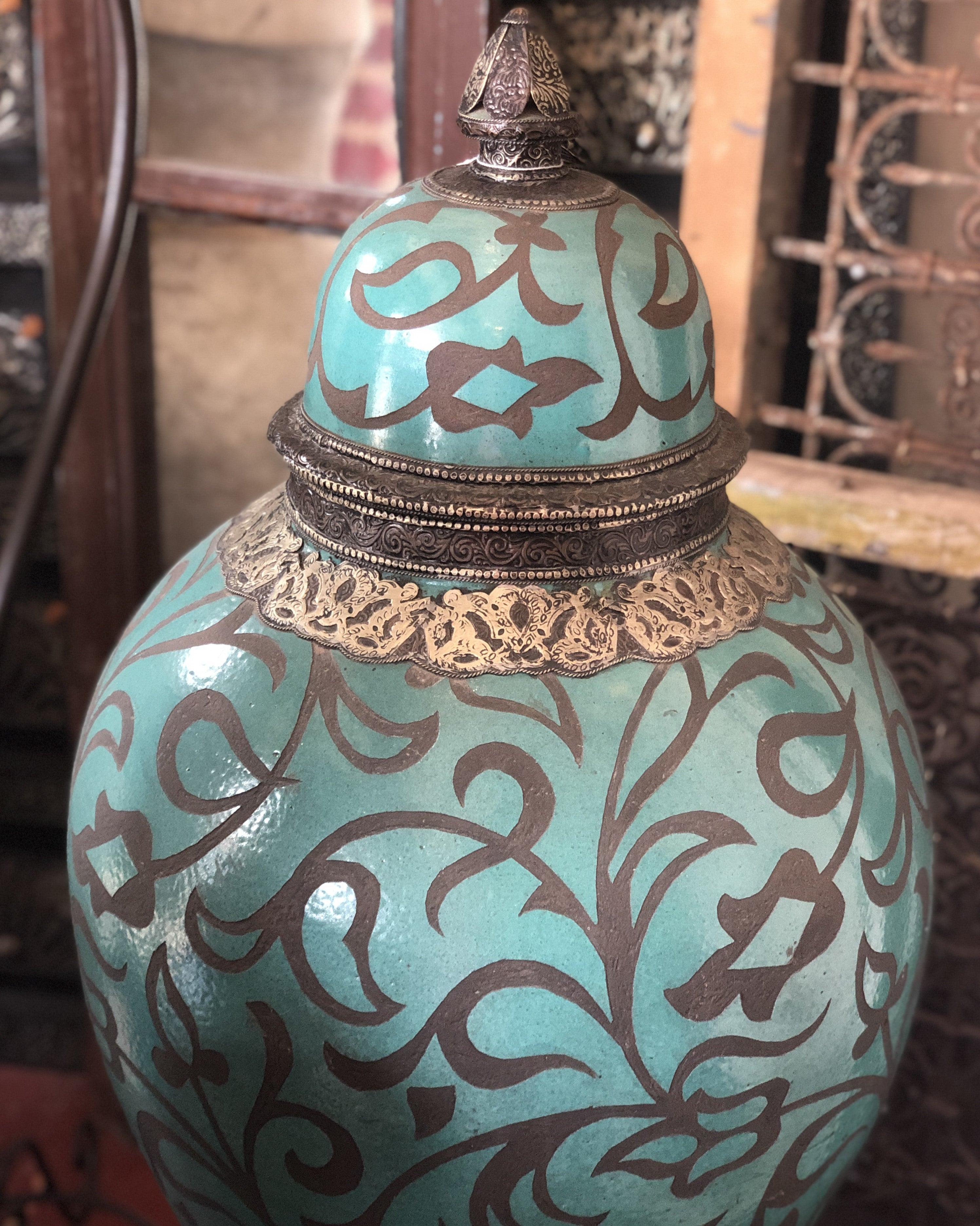 Handcarved Moroccan Tall Urn in Turquoise