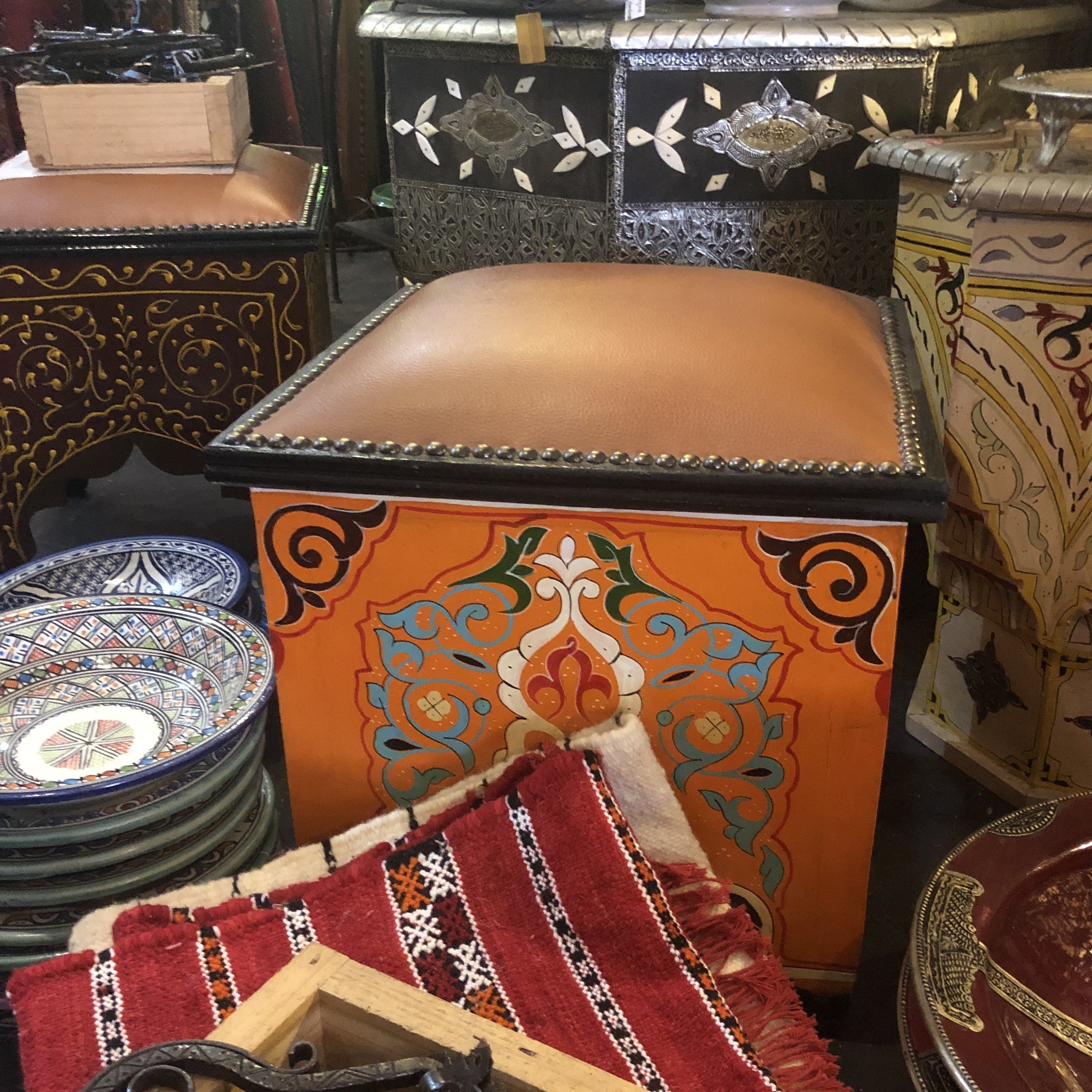 Moroccan Square Stools with Leather Pad