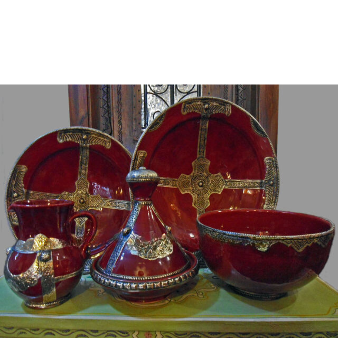 Safi Large Shallow Bowl with Silver Nickel Embellishments in Red