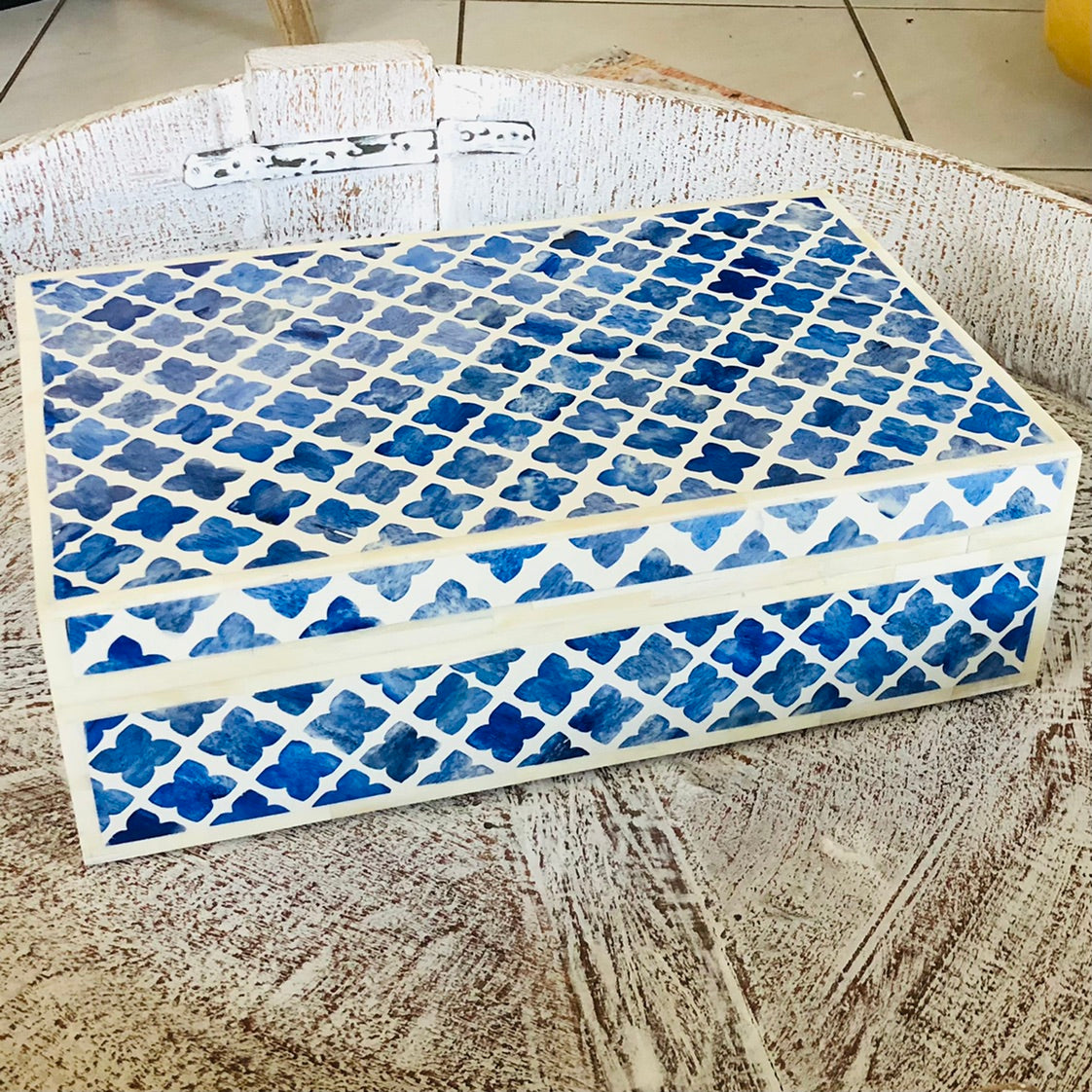 Zohi Interiors Signature Collection : Bone Inlay Box in Quatrefoil/Blue