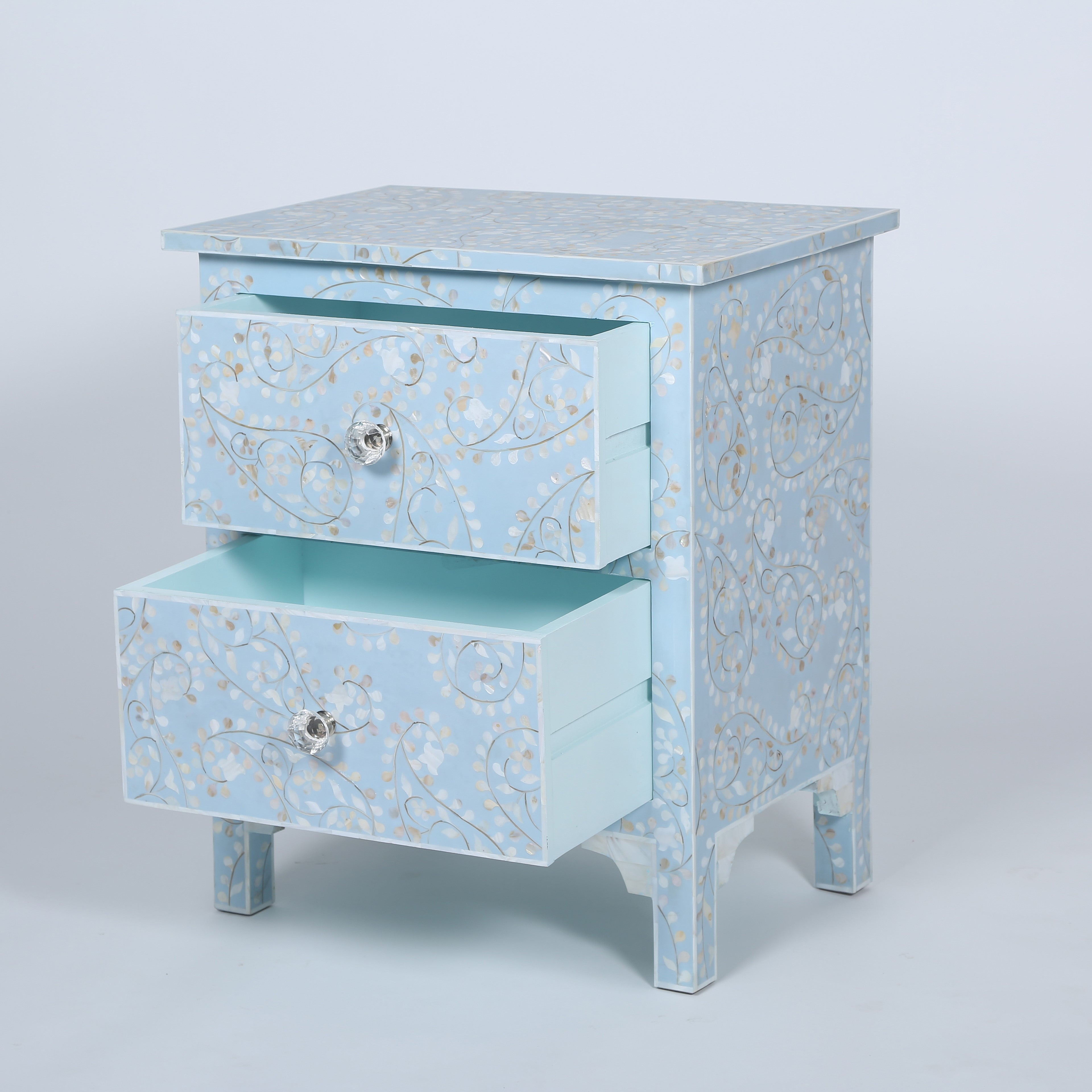Mother of Pearl Inlay 4 Drawer Chest in Paisley/Blue