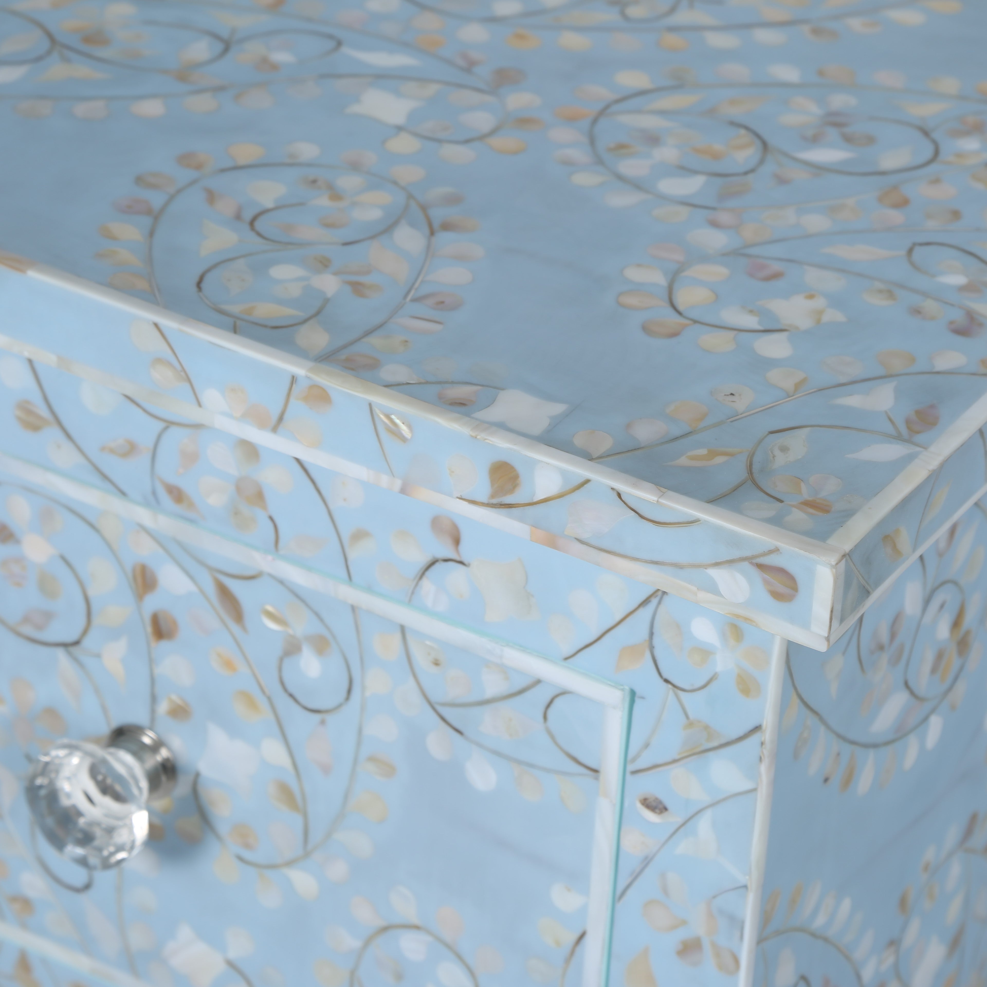 Mother of Pearl Inlay 7 Drawer Chest in Paisley/Blue