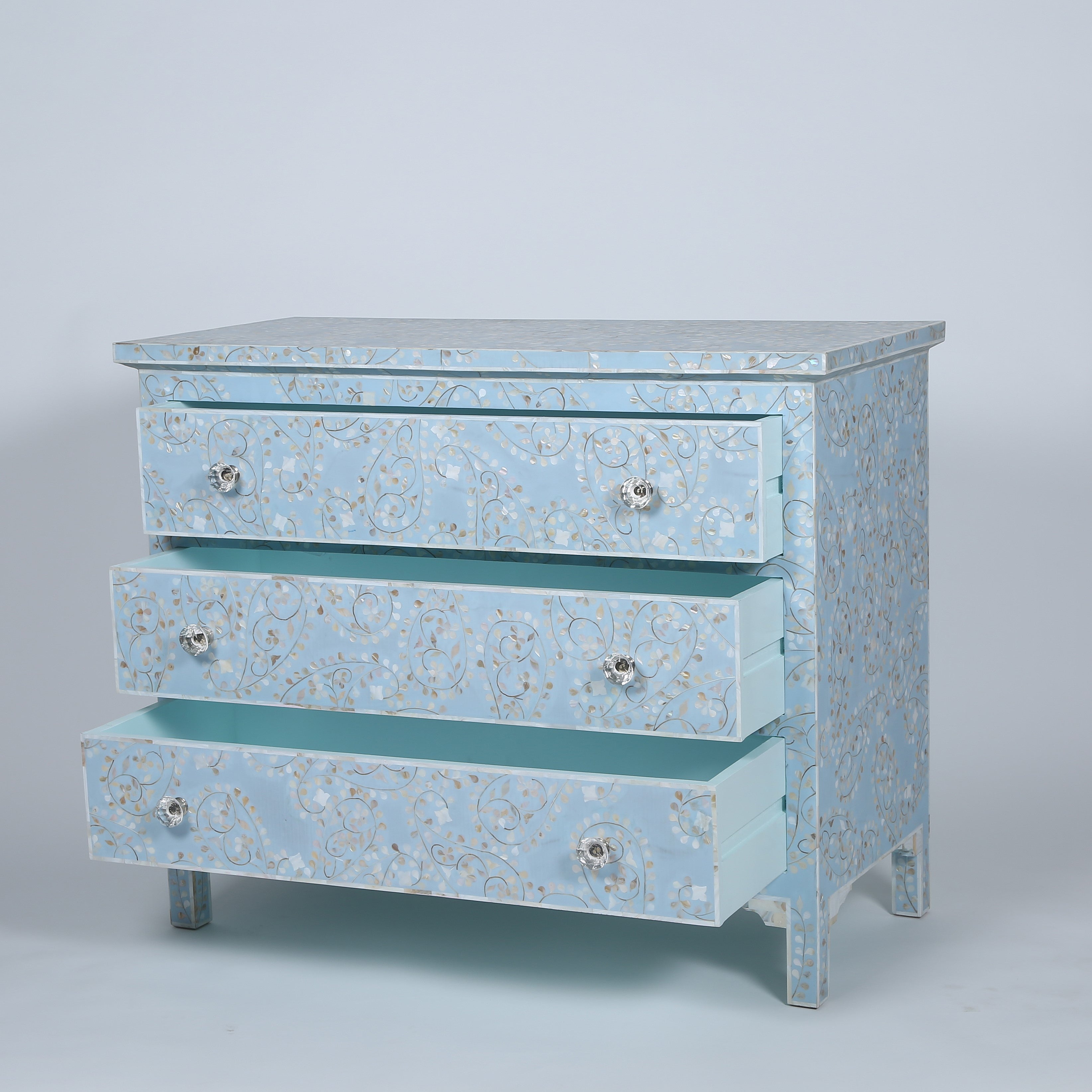 Mother of Pearl Inlay 7 Drawer Chest in Paisley/Blue