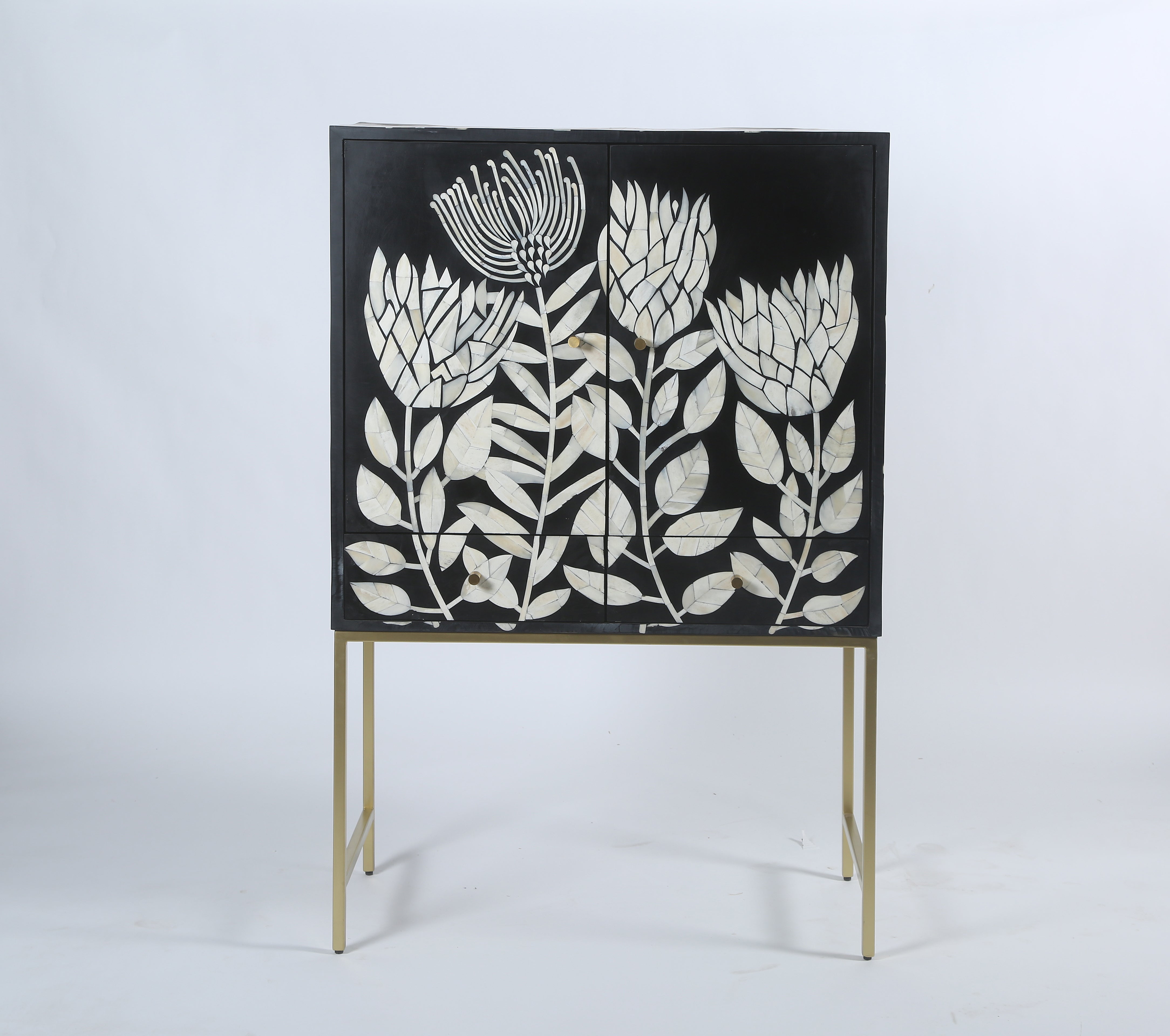 Mother of Pearl Inlay 3 Drawer Console in Floral/Grey