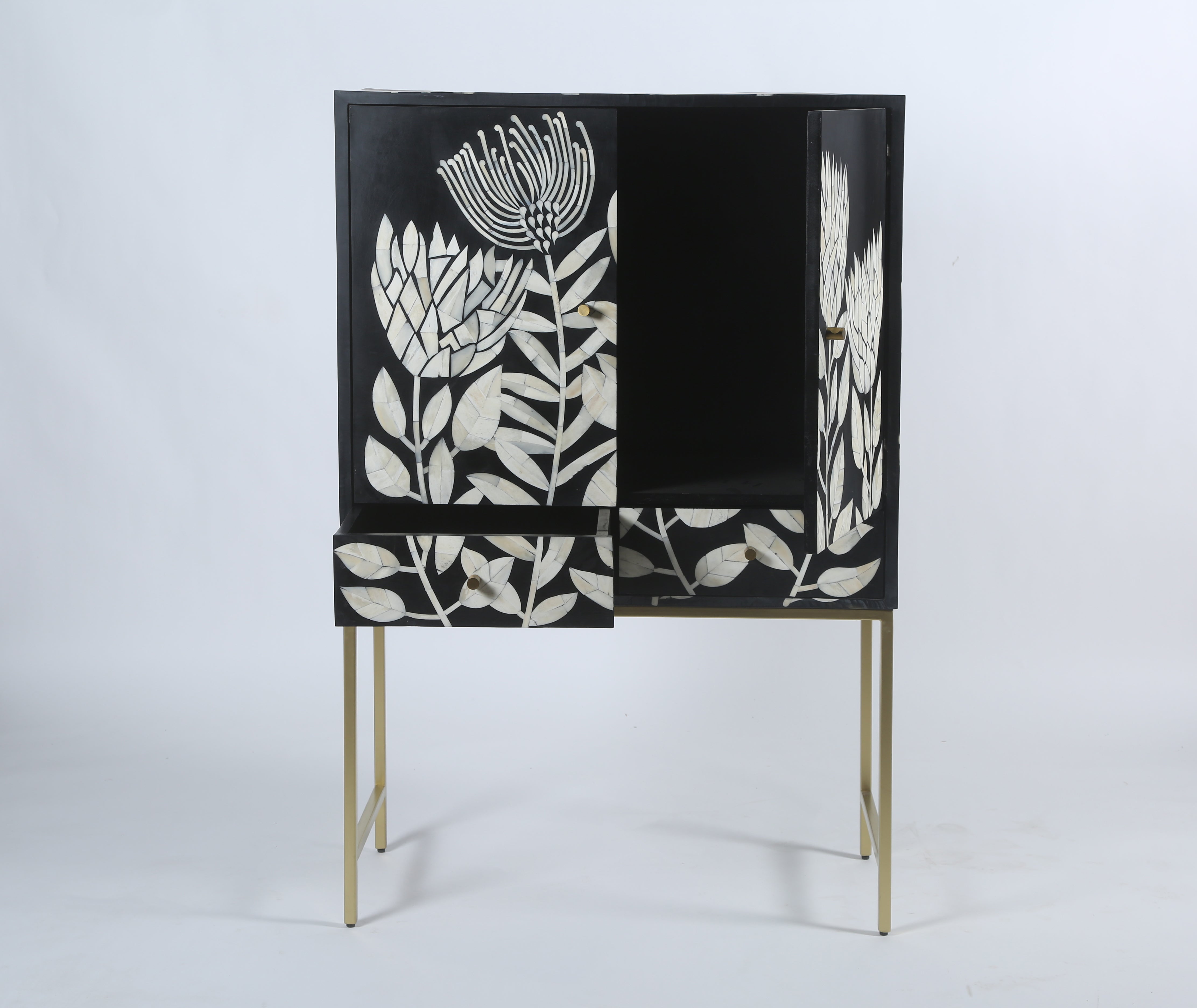 Mother of Pearl Inlay 3 Drawer Console in Floral/Grey