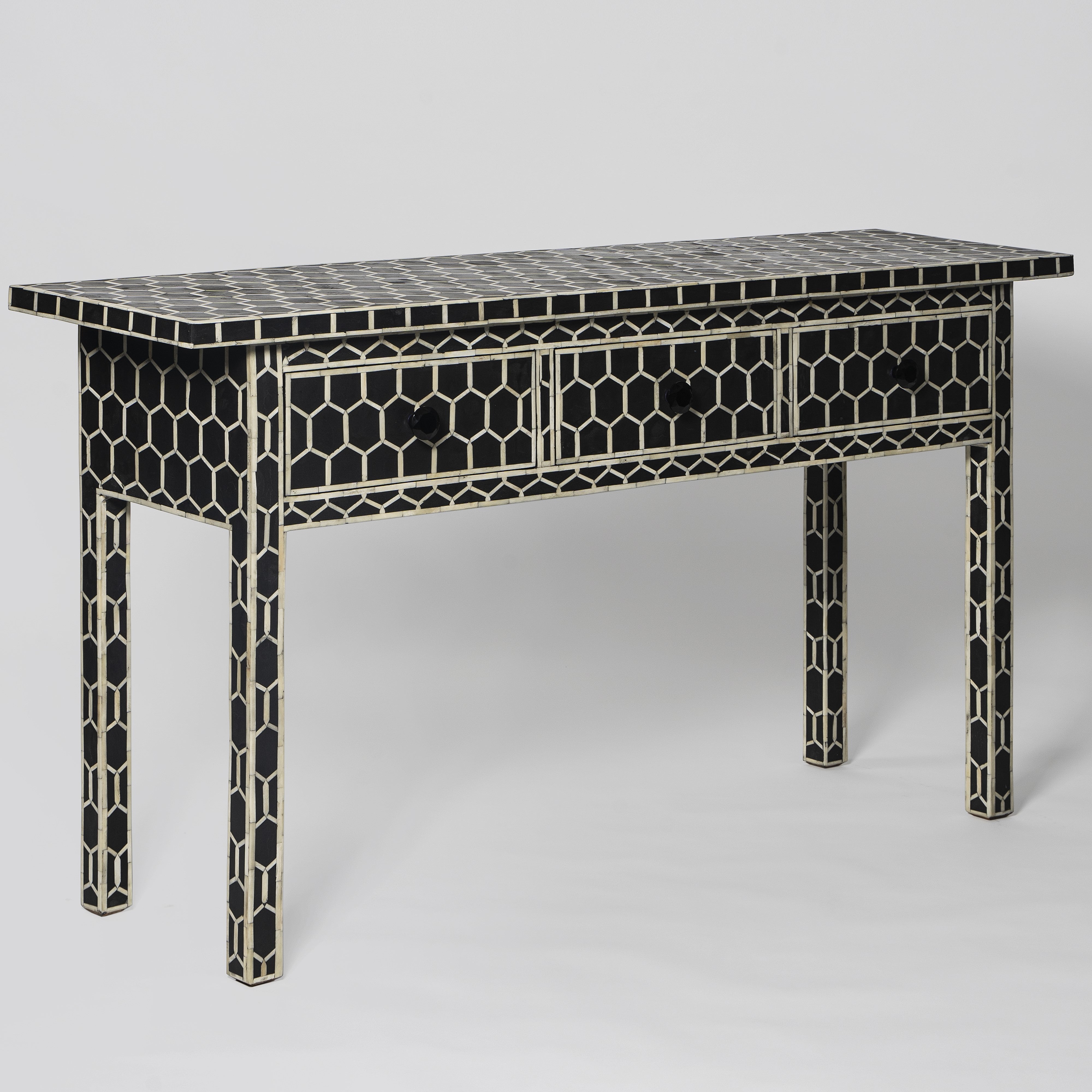 Bone Inlay 3 Drawer Console in Honeycomb/Grey