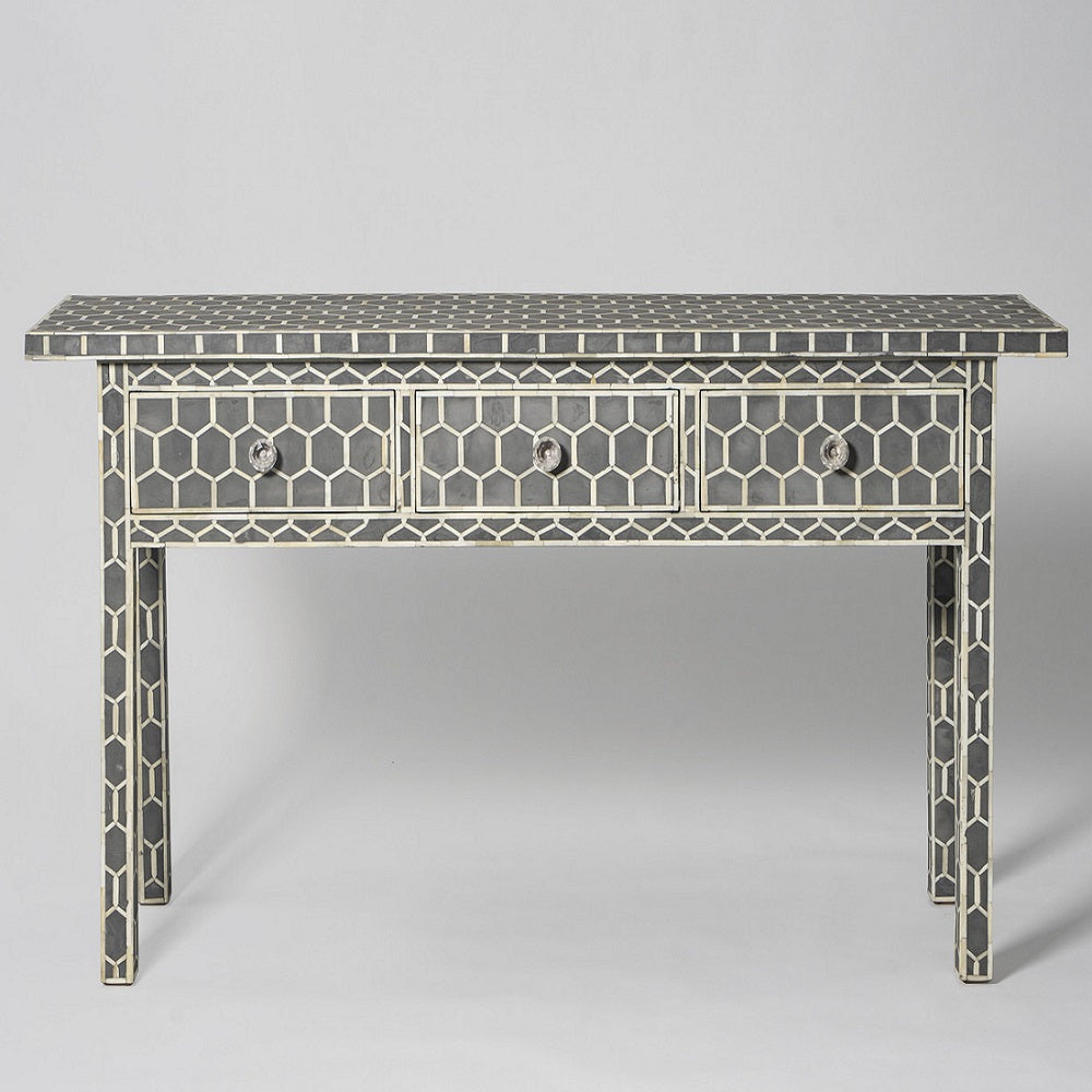 Bone Inlay 3 Drawer Console in Greek Key/Black