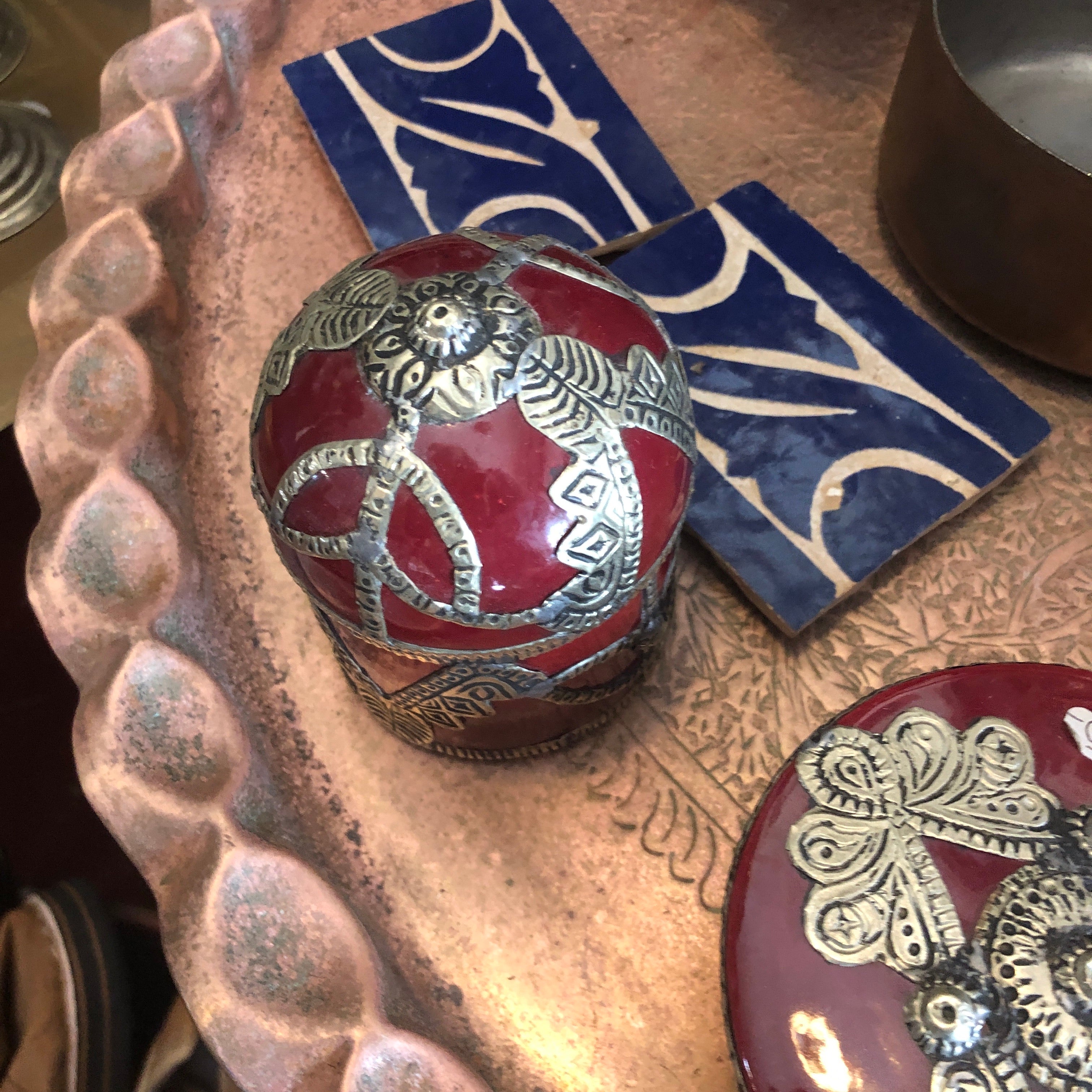 Safi Box with Rounded Lid with Silver Nickel Embellishments in Red