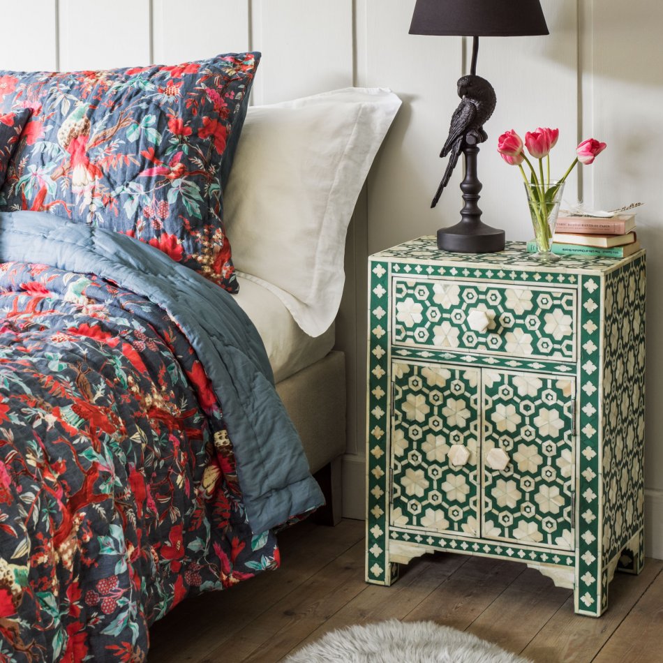 Mother of Pearl Inlay Bedside Table with 2 Drawers in Green