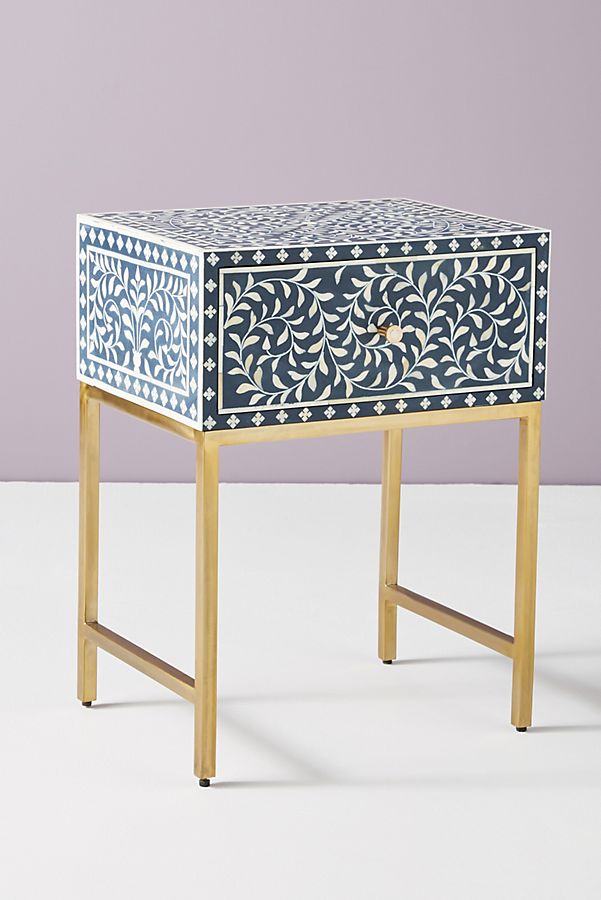 Bone Inlay Lori Bedside Table with Brass Legs in Blue