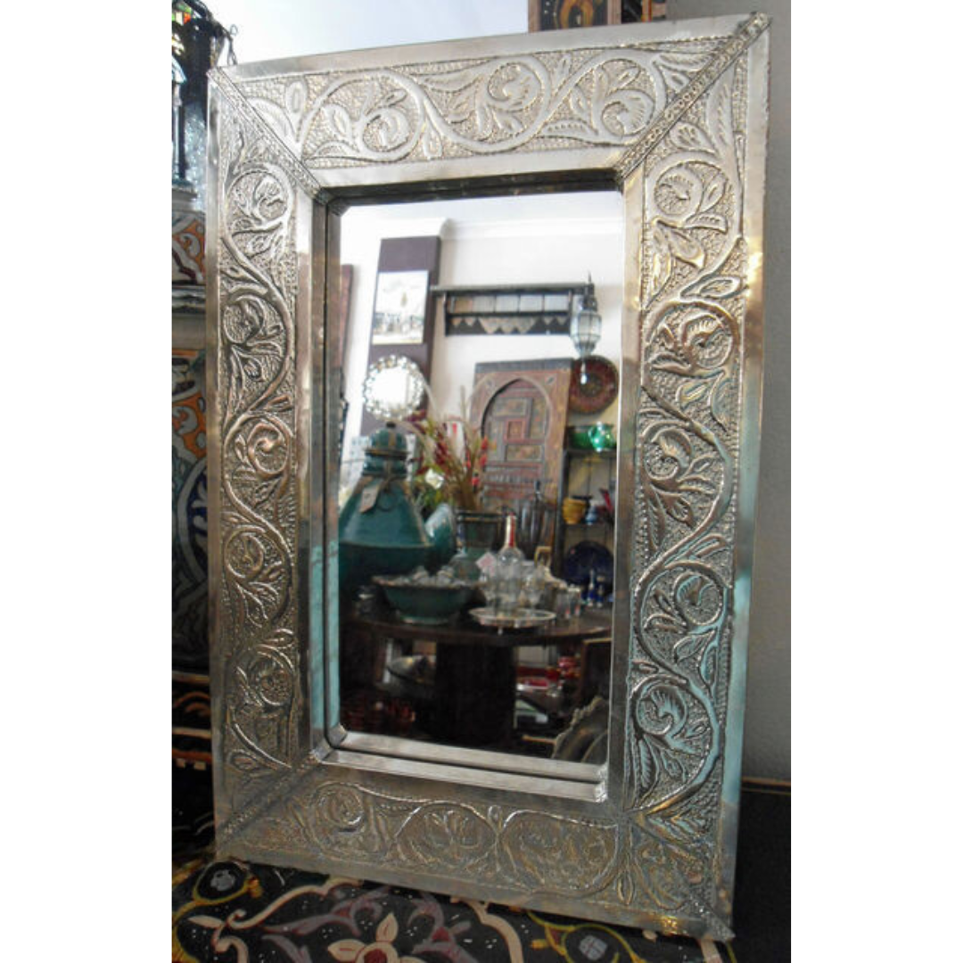 Genuine Moroccan Mirror with Floral Embossed Silver Nickel Frame
