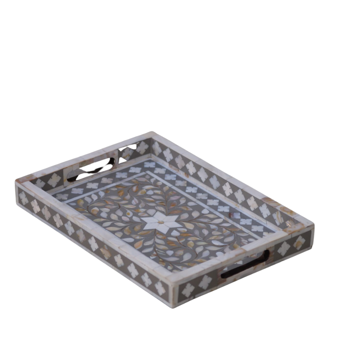 Mother of Pearl Inlay Rectangular Tray in Floral/Grey