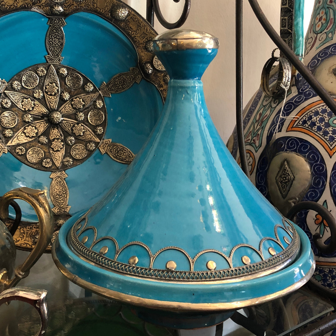 Decorative Tagine with Silver Nickel Embellishments in Turquoise Blue