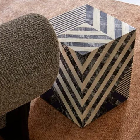 Bone Inlay Chevron Side Table in Navy