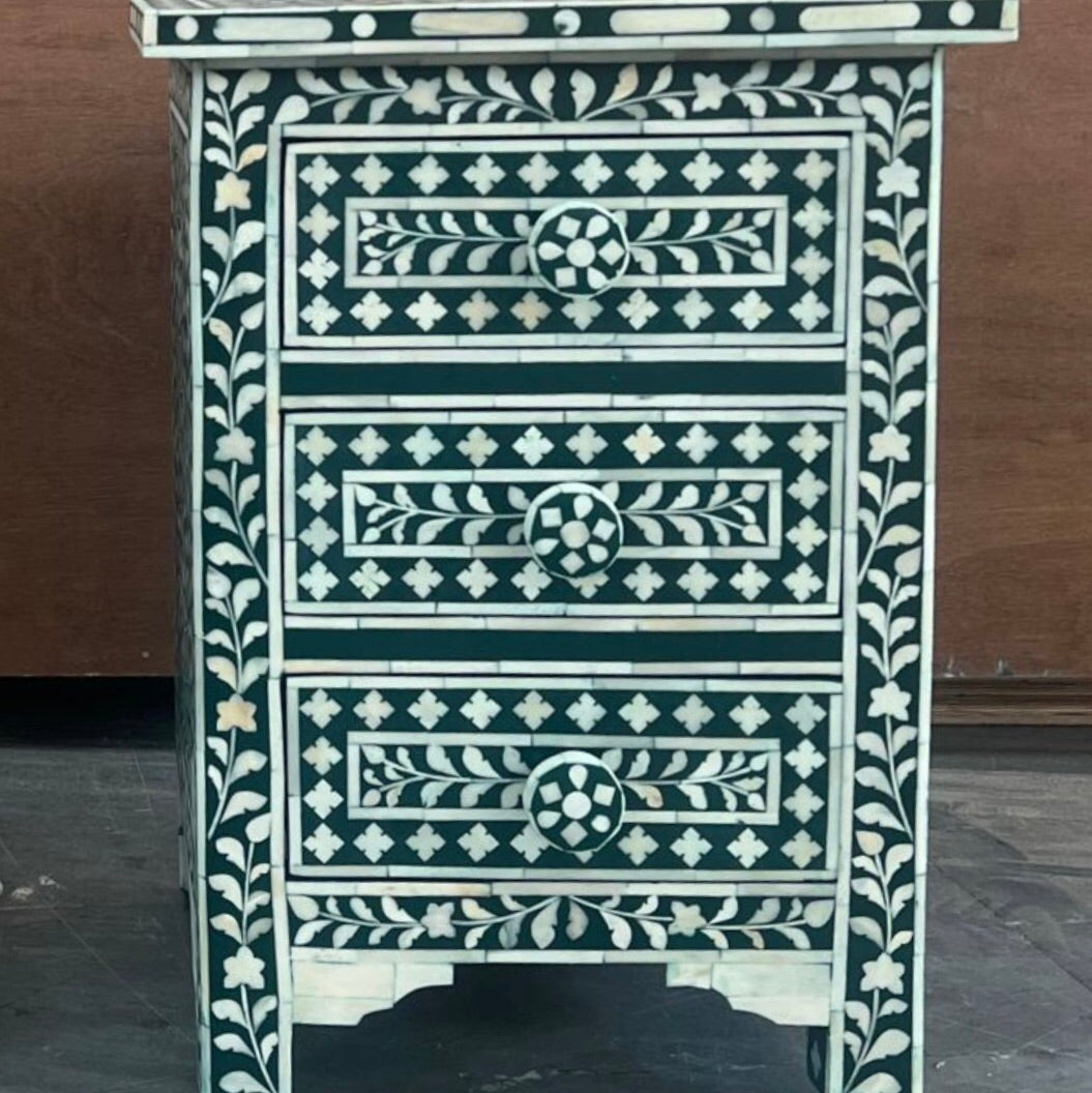 Bone Inlay 3 Drawer Bedside Chest in White
