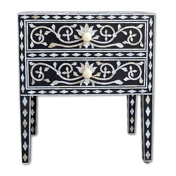 Bone Inlay Bedside Table with 2 Drawers in Scroll/Black