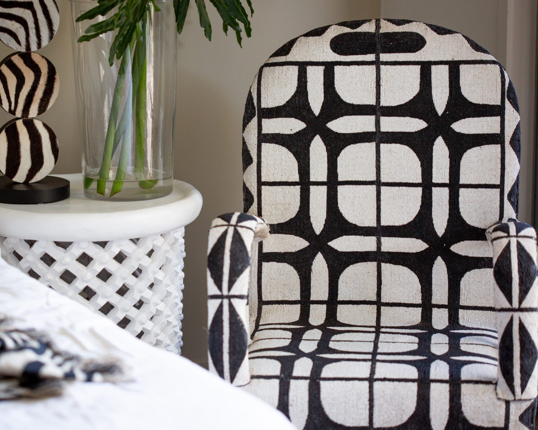 Nigerian Beaded Chair in Black & White
