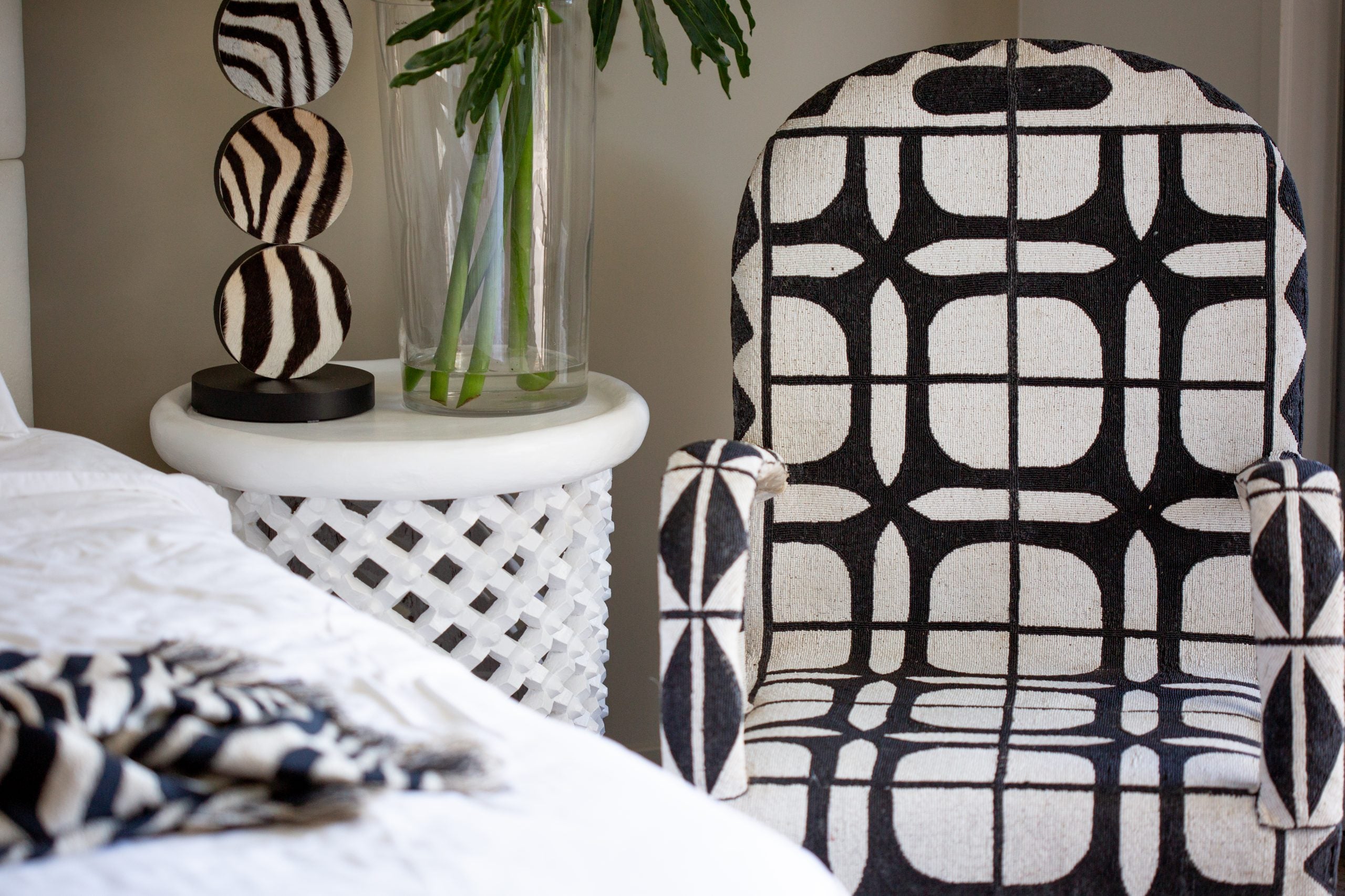 Nigerian Beaded Chair in Black & White